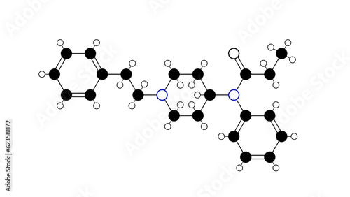 fentanyl molecule, structural chemical formula, ball-and-stick model, isolated image opiate agonists