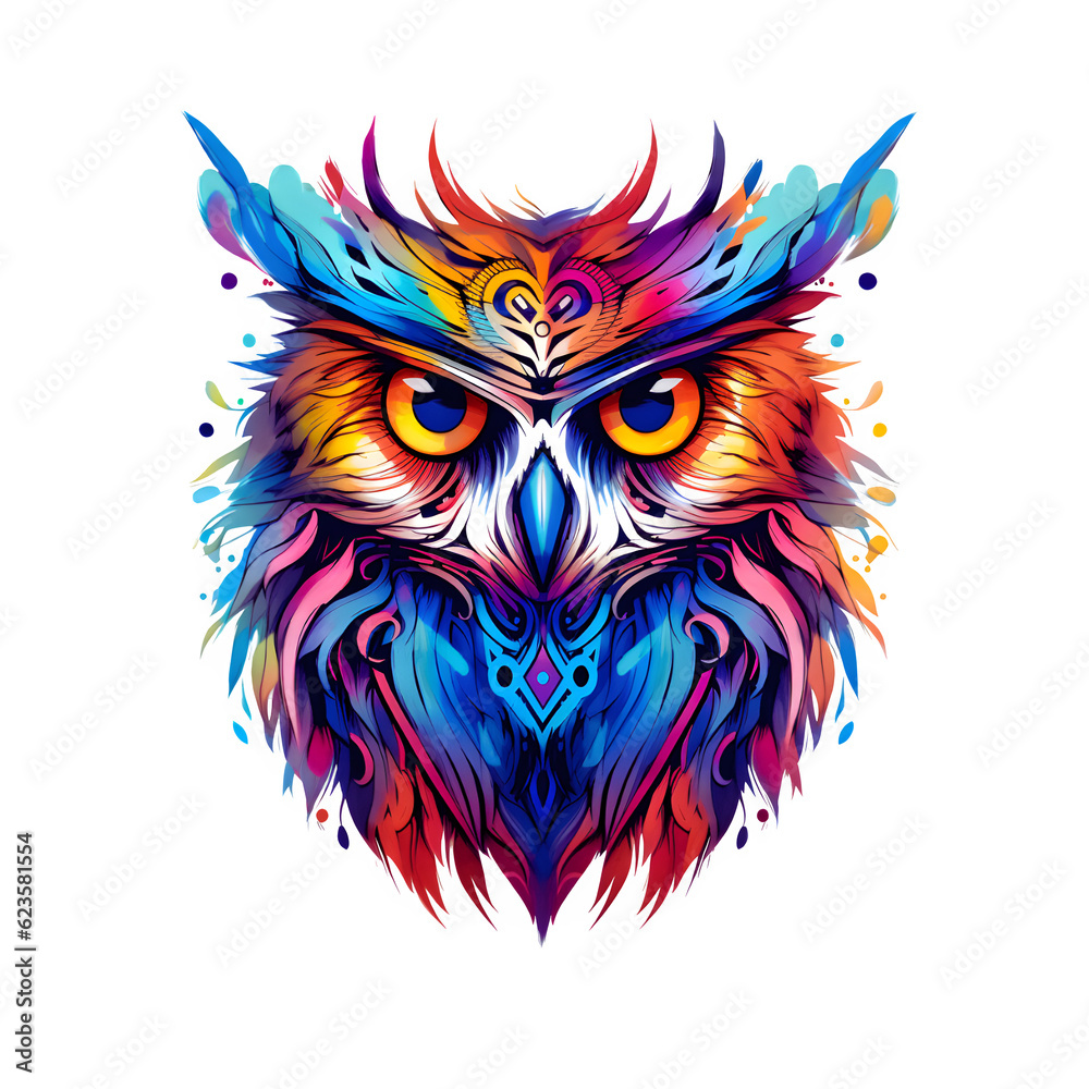 A lively cartoon-inspired owl, adorned with vibrant and intricate tattoo-style patterns. This colorful PNG illustration captures the playful spirit of the owl, blending whimsical charm.