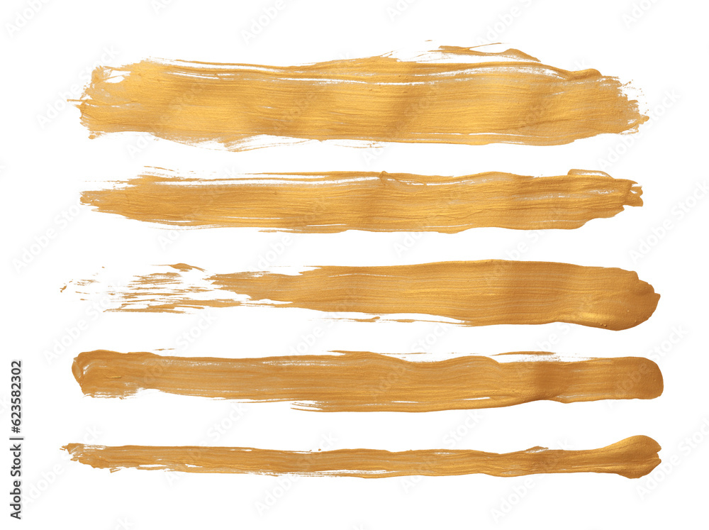 Grunge Gold ink color smear brush stroke stain line blot on white background.