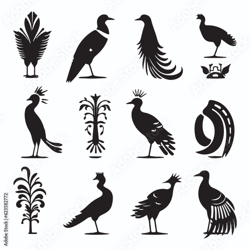 Quetzal silhouettes and icons. Black flat color simple elegant Quetzal animal vector and illustration.