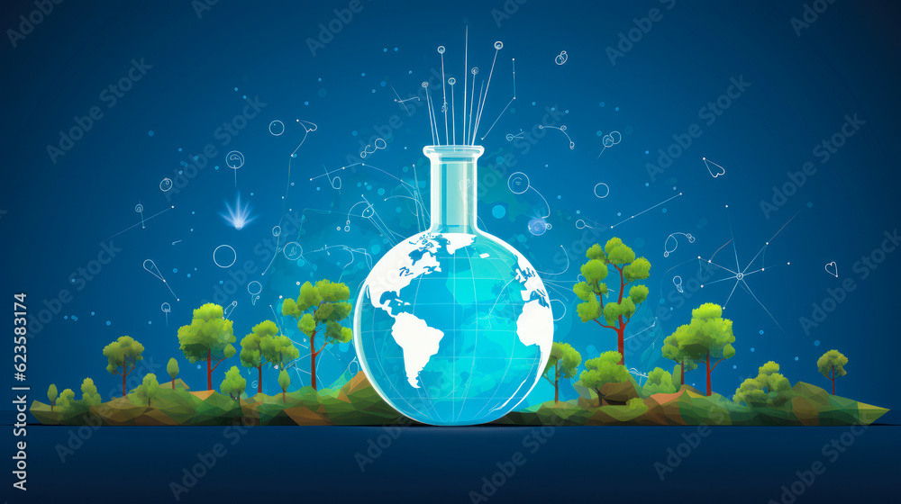 Naklejka premium A Global Perspective: Science for Peace and Development with Beaker and Earth Map