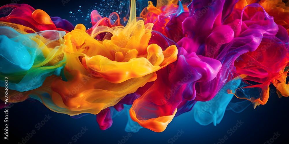 Macro shot of colorful ink drops spreading in water, creating abstract shapes v2 Ai