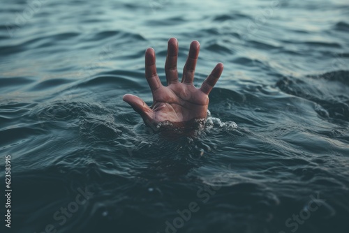 A hand sticking out of the water, drowning, refugee crisis, generative ai