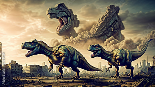 Dinosaurs destroying the city. Post-apocalyptic vision of the world. A destroyed city in a post-apocalyptic world. Generative AI