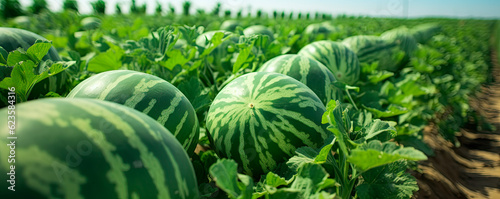 Mature big watermelons in the watermelon field  background blurry. 
