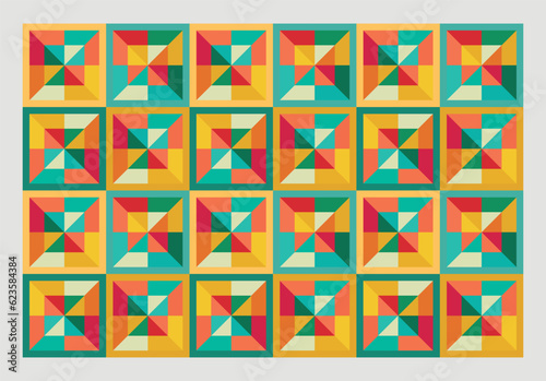 colorful mosaic background, geometric pattern of triangles with warm and retro colors, retro pattern