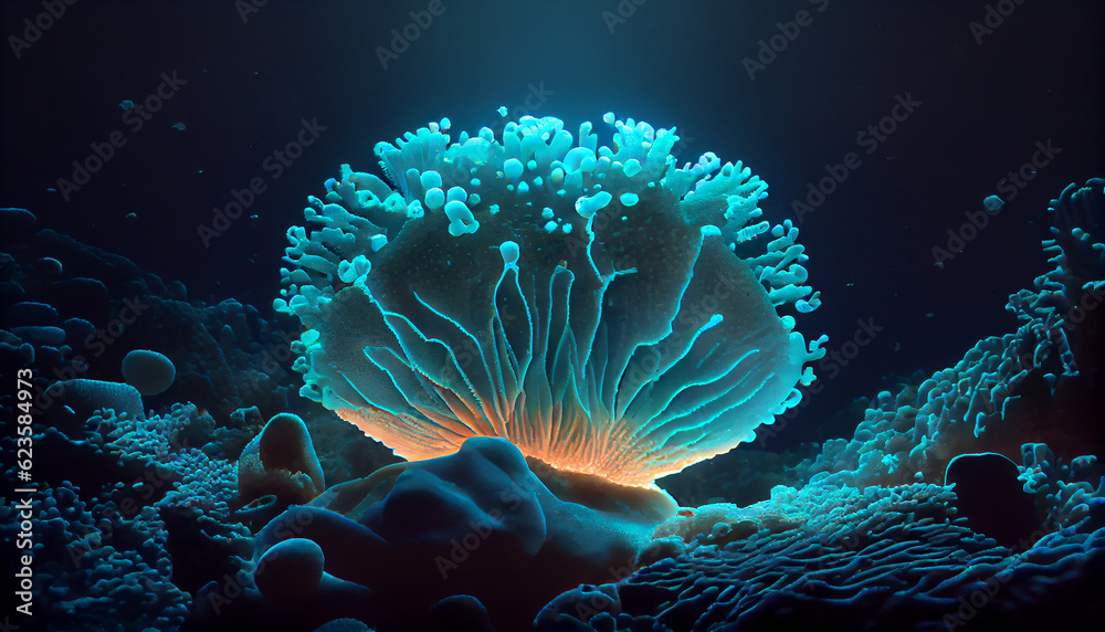 Bioluminescent coral at the bottom of the sea, created with ai tool Bioluminescent coral at the bottom of the sea, created with ai tool