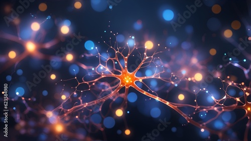 An illustration of neurons in the brain glowing and traveling with information