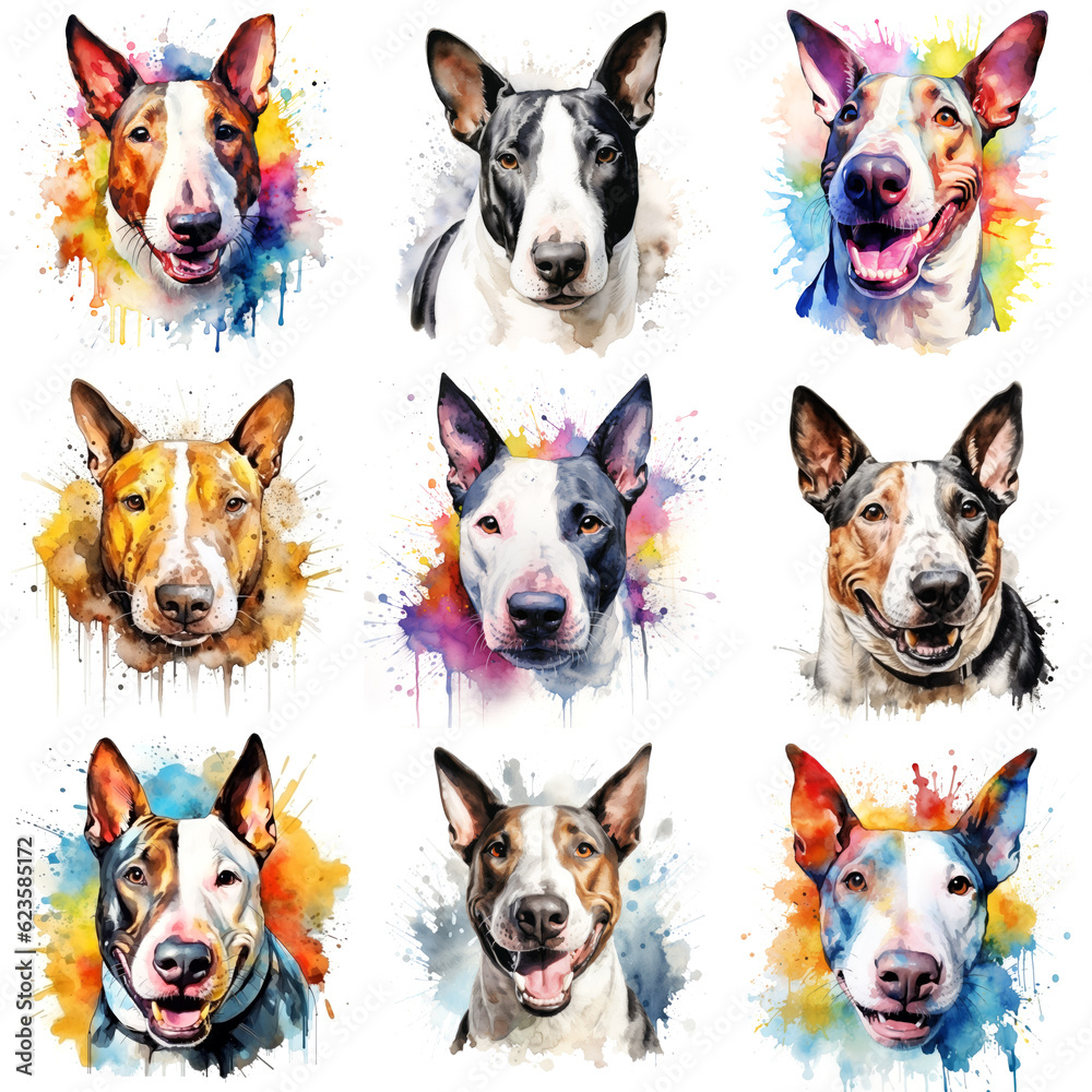 Set of dogs breed Bull Terrier painted in watercolor on a white background in a realistic manner. Ideal for teaching materials, books and designs, postcards, posters.