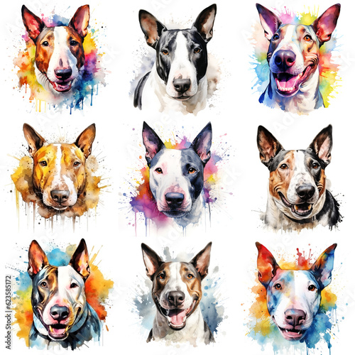 Set of dogs breed Bull Terrier painted in watercolor on a white background in a realistic manner. Ideal for teaching materials  books and designs  postcards  posters.