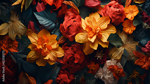 Orange, red, and yellow flowers on a leafy background
