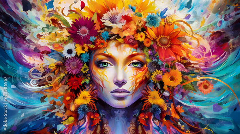 Digital Painting of a Woman's Face Surrounded by Surreal Colored Flowers - generative ai