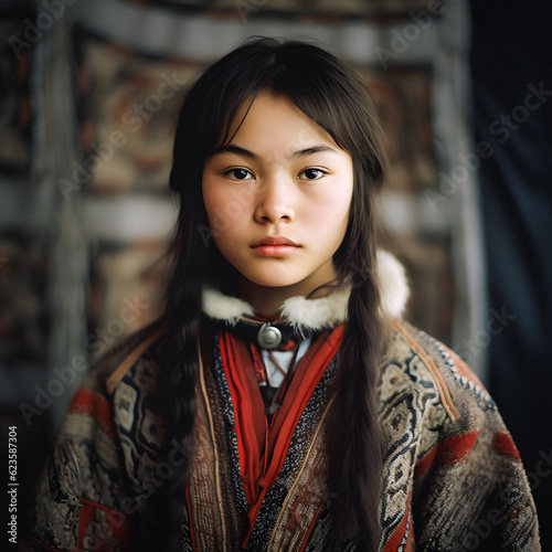 Exquisite Portrait of a Young Ainu Woman in Traditional Attire - generative ai