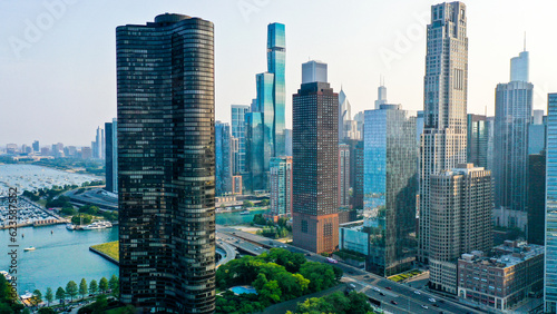 Aerial view of Chicago lakefront and city skyline