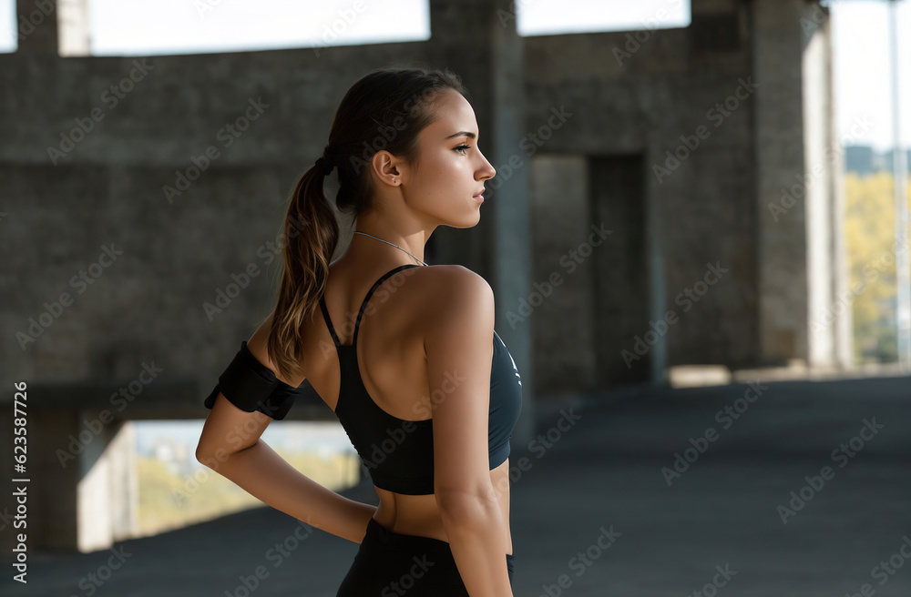 A young slim athletic girl in sportswear with snakeskin prints performs a set of exercises. Fitness and healthy lifestyle, generative ai.