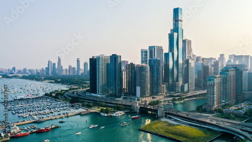 Aerial view of Chicago lakefront and city skyline