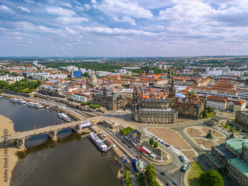 The drone aerial view of old town of Dresden, Germany. Dresden is the capital city of the German state of Saxony and its second most populous city after Leipzig.
