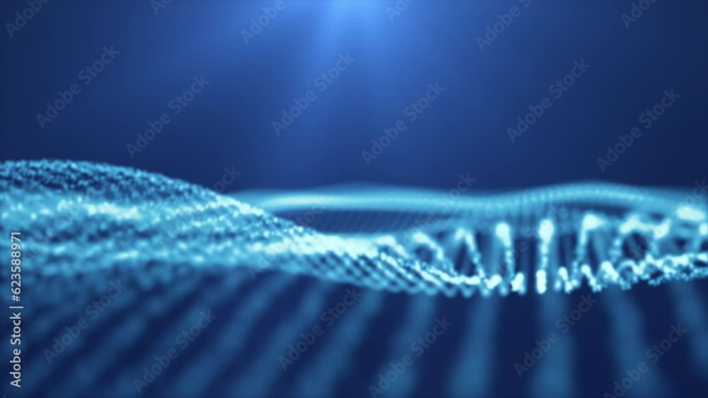 Light blue abstract digital waves flowing on dark background with light ...