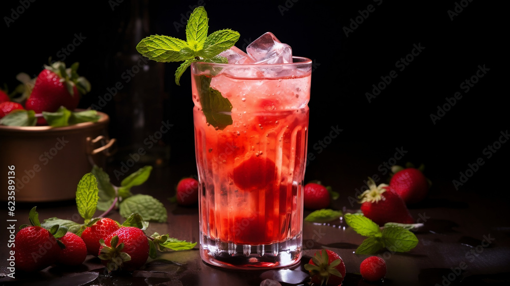 A glass of cold strawberry majito universal colorful new quality technology, image illustration design, generative artificial intelligence A glass of cold strawberry majito universal colorful new quality technology, image illustration design, generative artificial intelligence