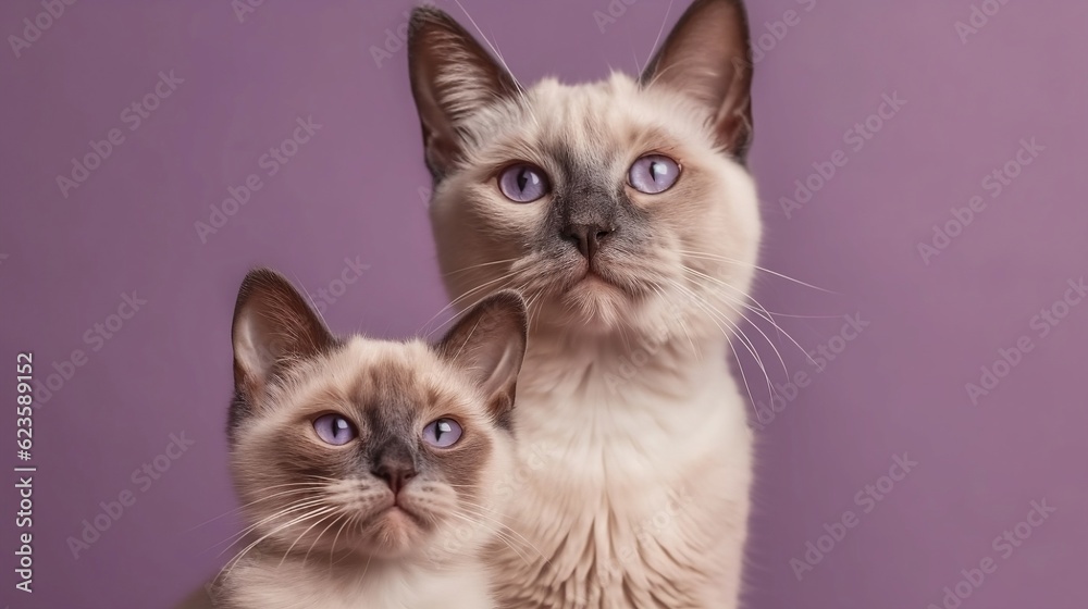 Mom cat and baby kitten on light violet background. Generative AI