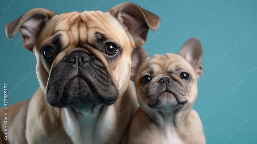 Mom dog and baby dog on the light blue background. Generative AI Mom dog and baby dog on the light blue background. Generative AI