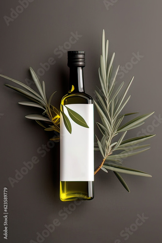 Bottle of olive oil and an olive branch on a dark background.Top view. Space for text.