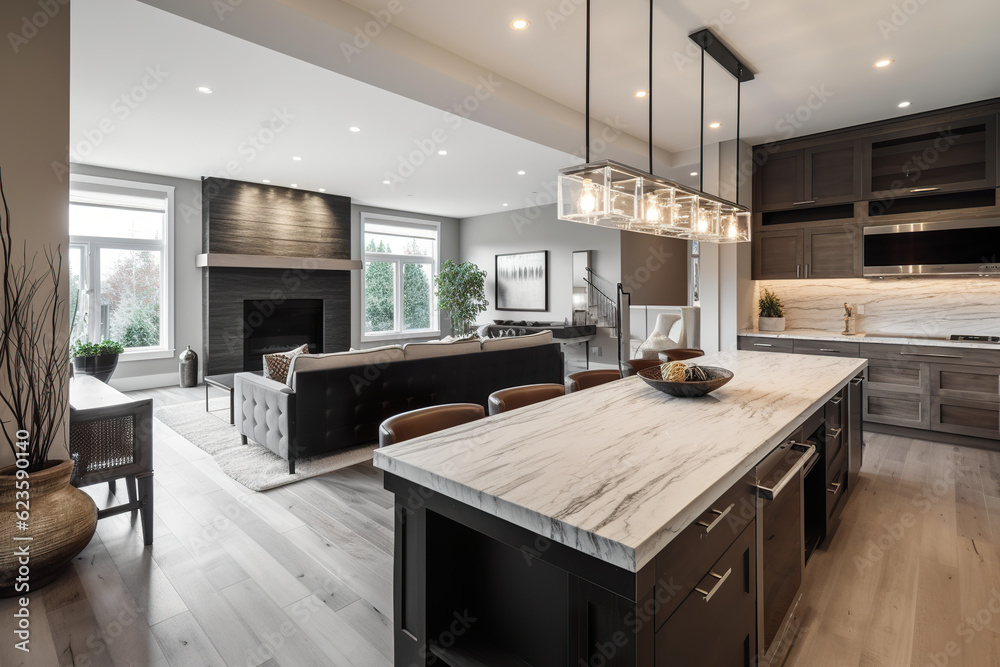 Illustration of a beautiful kitchen with a large island. Kitchen cup and table in a new luxury home. Luxury house interior design. Realistic 3D illustration. Generative AI Illustration of a beautiful kitchen with a large island. Kitchen cup and table in a new luxury home. Luxury house interior design. Realistic 3D illustration. Generative AI