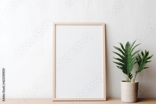 Home interior poster mock up with wooden frame and plant on white wall background. Modern home decor. Ready to use template