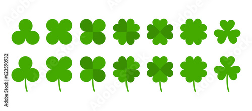 Clover illustration, icon set. Vector tree and four leaf clovers illustrations. Clower sign, symbol. Grass illustration.