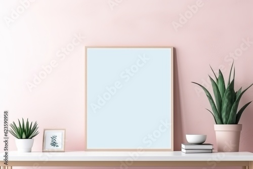 Home interior poster mock up with wooden frame and plant on light pink wall background. Modern home decor. Ready to use template