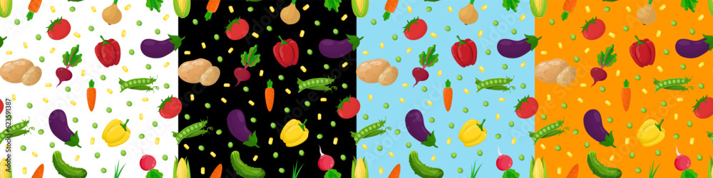 A set of seamless patterns with vegetables. A set of vegetables - radish, potato, cucumber, pepper, onion, peas, beetroot, tomato, carrot. A set of seamless patterns with vegetables. A set of vegetables - radish, potato, cucumber, pepper, onion, peas, beetroot, tomato, carrot.