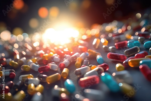 Macro shot of falling colorful tablets and capsules on dark background, created with generative,ai 