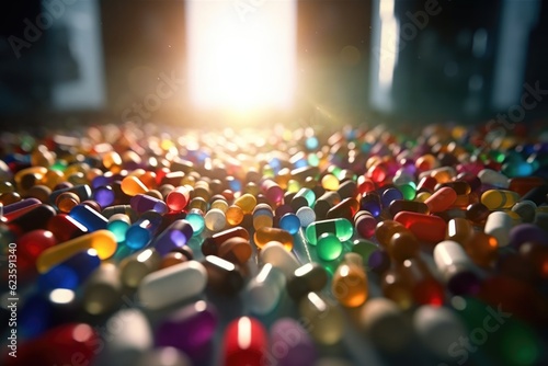 Macro shot of falling colorful tablets and capsules on dark background, created with generative,ai 