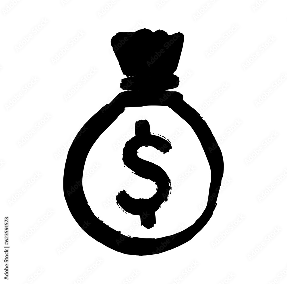 Vector texture illustration of a bag of money. Dollar sign. Hand drawn illustration.