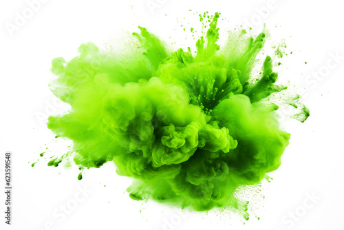 bright green holi paint color powder festival explosion burst isolated white background. industrial print concept background