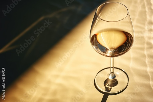 White wine in a glass on light yellow background. Wineglasses. Summer drink for party, wine shop or wine tasting concept. Hard light. Copy space
