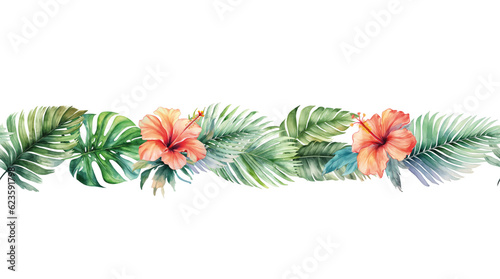 Tropical border with leaves and flowers for invitations, posters and cards. Seamless leaf border. Vector template