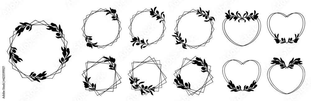 Set of botanical frames with olive branches. Vector graphics.
