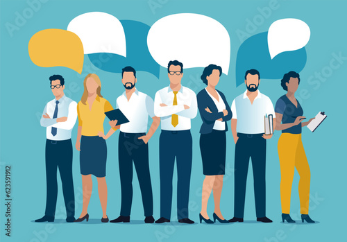 Communication concept. Experts. Successful team of seven people standing on a blue background and speech bubbles above.  Business vector illustration.