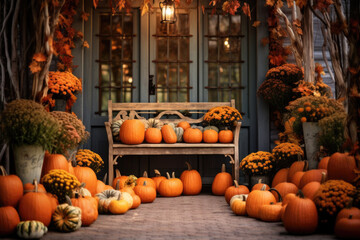 Porch of the backyard decorated with pumpkins and autumn flowers