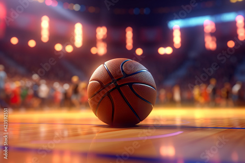 Close up of the basketball in an arena in the background in a cinematic scene. Basketball lying on wooden floor of basketball court and illuminated by spotlights. Generative AI photo