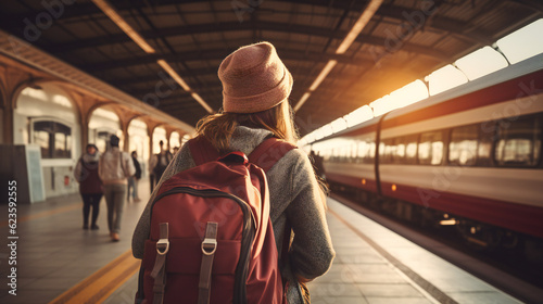 Young Woman standing on platform at Train station with Backpack, going on a Holiday