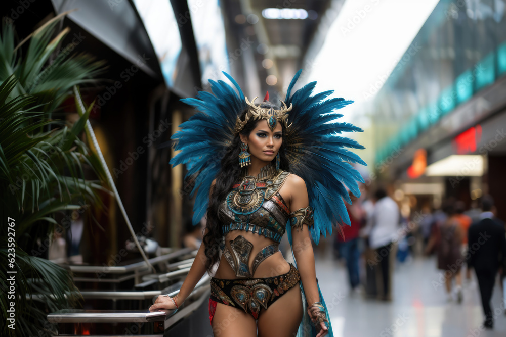 aztec princess in shiny armor with fethers on her back and a crown as she is standing in a modern mall - generative ai - imaginary person 