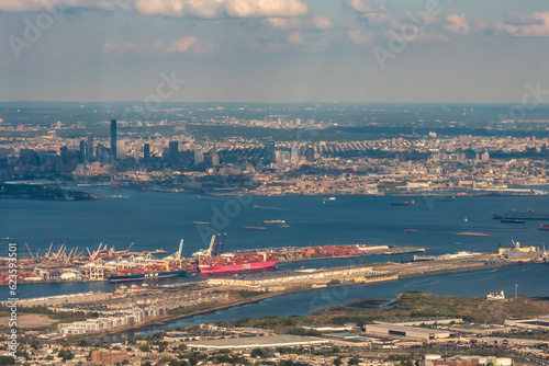 Aerial view of Shipping Containers, Newark Bay, Panamax cranes, and the Port of Newark - Elizabeth Marine Terminal run by the Port Authority of Newark and New Jersey photo