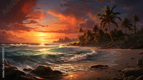 The golden sun descends upon the tranquil Polynesian beach, casting a warm, enchanting glow. The waves gently crash against the shore made with AI generative technology © The Picture House