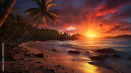 The golden sun descends upon the tranquil Polynesian beach  casting a warm  enchanting glow. The waves gently crash against the shore made with AI generative technology