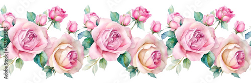 Seamless horizontal border with watercolor roses, isolated on a white background. 