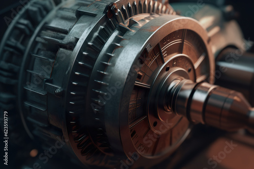 Close-up of an electric motor with a pulley and belt for torque transmission. Turbine of energy power. Realistic 3D illustration. Generative AI