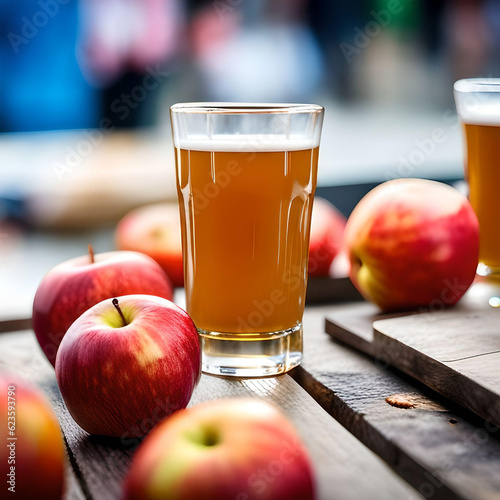 Glass of Apple Cider on a Wood Table Surrounded by Apples