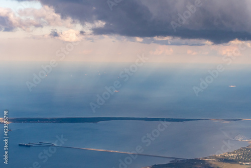 Aerial view of the pier at Naval Weapons Station Early and Fort Hancock at Sandy Hook Park in the Raritan Bay on the coast of New Jersey in Leonardo  Atlantic Highlands  and Highlands